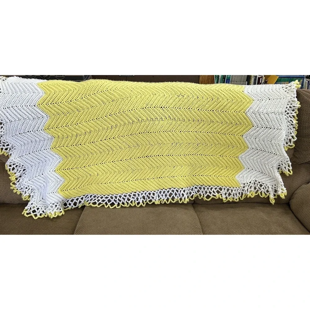 Handcrafted Crochet Afghan Buttered Yellow & White Zig Zag Lacey Trim GrannyCore